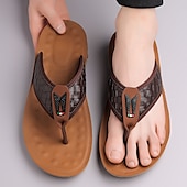 billige Ferietøfler-herrebrune flip-flops i kunstskinn med vevd mønsterrem, myk EVA-såle, komfortabel for feriested og hverdagslige sommerantrekk
