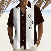 cheap Geometric Pattern-Men&#039;s Geometric Striped Color-blocking Shirt Summer Shirt Button Up Shirt Short Sleeve Fashion Casual Outdoor Vacation Dailywear Summer Spring Turndown 3D Print Collared Shirts Front One Pocket Black
