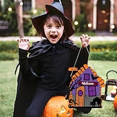 Недорогие Хэллоуинские венки и цветочные украшения-Деревянная вешалка на дверь с надписью «Добро пожаловать на Хэллоуин», фиолетовая вывеска с изображением дома с привидениями и кошки, жуткий венок на входную дверь для декора на Хэллоуин