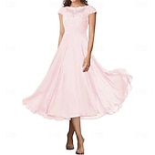 preiswerte Teelänge-A-Linie Brautmutterkleid Elegant Einfach Rundhalsausschnitt Knöchellänge Chiffon Kurzarm mit Falten Einfarbig 2025