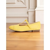 baratos Sapatilhas de mulher-sapatilhas femininas amarelas com tiras em T, mary janes vintage com bico redondo para encontros casuais e uso diário