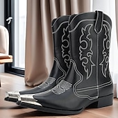 cheap Cowboy &amp; Western Boots-Men&#039;s Black Leather Western Boots with Silver Toe Cap and Decorative Stitching – Stylish Cowboy Boots for Rodeos, Country Events &amp; Casual Wear