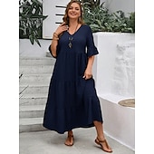cheap Plain Dress-Women&#039;s Maxi Dress A Line Dress Vacation Casual Beach Daily Holiday Date Plain Half Sleeve V Neck Navy Black Ivory Yellow Summer
