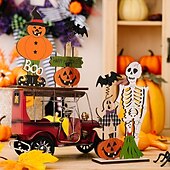 baratos Decorações de Halloween Penduradas e de Mesa-2 peças de decoração de mesa de esqueleto de madeira para Halloween, caveira elástica com abóbora e morcego, enfeite de mesa assustador para decoração de festa de Halloween