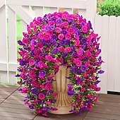 abordables Plantas y Flores Artificiales-2 piezas de flores colgantes artificiales de gloria de la mañana resistentes a los rayos UV, flores artificiales de plástico de color púrpura y rojo púrpura vibrantes para porche, jardín, boda y
