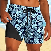 billiga Tropiska växter och blommor-Herr Tropiska växter Dödskalle Blommor Fodrade shorts 2 i 1 simshorts Badshorts Medium Midja Hawaiisk Strandsemester Sidfickor Med kompressionsfoder Elastisk dragsko i midjan Designer Kläder