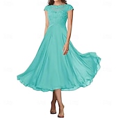 preiswerte Teelänge-A-Linie Brautmutterkleid Elegant Einfach Rundhalsausschnitt Knöchellänge Chiffon Kurzarm mit Falten Einfarbig 2025