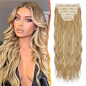 baratos Clip nas extensões-Extensões de cabelo com clipe ondulado de 20 polegadas, 5 peças de apliques sintéticos grossos e macios, pretos naturais, cabeça inteira, extensões de cabelo com clipe para mulheres, longas,