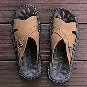 cheap Vacation Sandals-Men&#039;s Tan Faux Leather Slide Sandals Cross-Strap Open-Toe Design with Arch Support Great for Casual Summer Home and Street Style