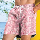 billiga Djur &amp; Fåglar-Herr Flamingo Fågel Palmblad Badshorts Boardshorts Medium Midja Streetwear Hawaiisk Semester Sidfickor Mesh foder Elastisk dragsko i midjan Designer Kläder