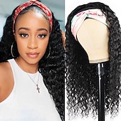 baratos Perucas capless de cabelo natural-Peruca de cabelo humano com faixa de cabeça de cor natural com mecanismo completo, peruca de onda profunda, densidade 150%