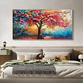 abordables Peintures fleurs/botaniques-Peinture à l&#039;huile d&#039;arbre colorée originale faite à la main sur toile, art mural abstrait de paysage d&#039;arbre pour la décoration intérieure avec cadre tendu sans cadre intérieur