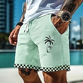 olcso férfi 3d izzadt rövidnadrág-Férfi Kókuszfa Kockás Rács / kockás Gofri rövidnadrág Izzadt nadrág Alkalmi rövidnadrág Közepes csípő Hawaii Vakáció Kocogás Edzés Elasztikus húzózsinóros derékrész Zsebes rövidnadrágok Tervező