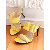 baratos Festa da Vida Noturna-sandálias femininas de salto alto com estampa de crocodilo amarela e tira com fivela - sapatos de festa ousados e abertos para vida noturna, clubes e eventos de verão