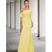 cheap Floor Length-A-Line Mother of the Bride Dress Wedding Guest Elegant Vintage One Shoulder Floor Length Charmeuse 3/4 Length Sleeve with Ruffles Side-Draped free custom size
