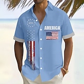 cheap Flag pattern-Independence Day Men&#039;s American US Flag Patriotic 1776 Shirt Summer Shirt Button Up Shirt Short Sleeve Fashion Casual Outdoor Vacation Dailywear Summer Turndown 3D Print Linen Like Shirt White Red