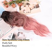baratos Clip nas extensões-Extensões de cabelo de 20 polegadas com clipe, extensões de cabelo sintético longo e ondulado, extensões de cabelo rosa grosso com clipe, extensões de cabelo de trama dupla para mulheres