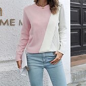 preiswerte Grafische Muster und Details-Damen Pullover Lässig Farbblock Grobstrick Rundhalsausschnitt Gestrickt Langarm Normale Oberteile Stricken Täglich Ferien Ausgehen Rosa Blau Herbst Winter
