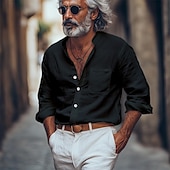 voordelige Straat-Voor heren Overhemd Linnen overhemd Overhemd met bandkraag Zomer overhemd Strand Kleding Overhemd met knopen Effen Vakantie Streetwear Zwart Wit Blauw Khaki Lange mouw Band Kraag Lente zomer Kleding