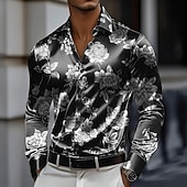 voordelige Heren Satijnen Overhemd-Voor heren Bloemenprint Bloemen Satijnen overhemd Overhemd Overhemd met knopen Lange mouw Mode-casual Vakantie Feestdagen Zomer Lente Herfst Strijkijzer Overhemden met kraag 3D-afdrukken Zwart