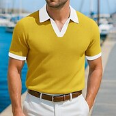 cheap Vacation-Men&#039;s Polo Shirts Golf Shirt Vacation Holiday Lapel Ribbed Polo Collar Short Sleeve Basic Modern Color Block Patchwork Buttons Summer Spring &amp; Summer Regular Fit Yellow Navy Blue Blue Green Polo