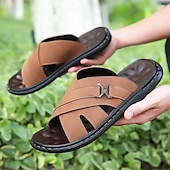 cheap Vacation Sandals-Men&#039;s Tan Faux Leather Slide Sandals Cross-Strap Open-Toe Design with Arch Support Great for Casual Summer Home and Street Style