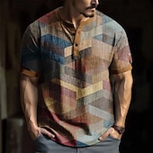 cheap Geometrical-Men&#039;s Geometric Pattern Printed T Shirt Henley Shirt Short Sleeve Designer Retro Vintage Casual Street Casual Daily Summer Spring Khaki Henley Henley T-Shirt