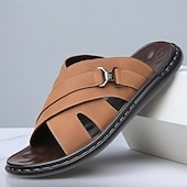 cheap Vacation Sandals-Men&#039;s Tan Faux Leather Slide Sandals Cross-Strap Open-Toe Design with Arch Support Great for Casual Summer Home and Street Style