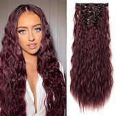 abordables Clip dans les extensions-Extensions de cheveux à clipser 6 pièces 24 extensions de cheveux noirs longues vagues sirène ondulées synthétiques à clipser postiche pour femmes