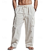 baratos Clássico-Homens Calças Cargo Calças de linho Calças Calça verão Calças de praia Com Cordão Cintura elástica Bolso multi Tecido Conforto Respirável Comprimento total Ao ar livre Casual Diário Férias Moda Preto