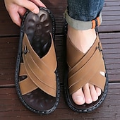 cheap Vacation Sandals-Men&#039;s Tan Faux Leather Slide Sandals Cross-Strap Open-Toe Design with Arch Support Great for Casual Summer Home and Street Style