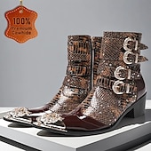 abordables Botas de cuero de primera calidad-Botas de tobillo de cuero con patrón de cocodrilo marrón para hombres con hebillas de punta dorada calzado de inspiración occidental de moda para uso casual y al aire libre