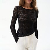 billige Kvinne Enkle Topper-Dame Bluse Helfarge Moderne Fritid Langermet Crew-hals Vanlige topper Daglig Ut på byen Svart Kakifarget Lyseblå Sommer