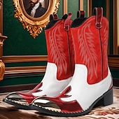 ieftine Cizme din piele premium-Botine cowboy pentru bărbați roșii și albe – Design cu contrast îndrăzneț cusături clasice cu vârf auriu încălțăminte statement pentru evenimente în aer liber și petreceri tematice