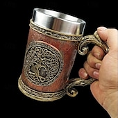 baratos Canecas &amp; Chávenas-Caneca de cerveja medieval da árvore da vida, caneca de presente para Oktoberfest com forro de aço inoxidável, caneca com árvore do mundo mítico, caneca de café estilo viking exclusiva
