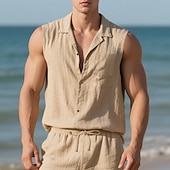 cheap Vacation-Men&#039;s Shirt Linen Shirt Casual Shirt Button Up Shirt Cotton Shirt Plain Vacation Street Black White Yellow Navy Blue Sleeveless Turndown Summer Clothing Apparel Buttons