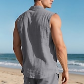 cheap Vacation-Men&#039;s Shirt Linen Shirt Casual Shirt Button Up Shirt Cotton Shirt Plain Vacation Street Black White Yellow Navy Blue Sleeveless Turndown Summer Clothing Apparel Buttons