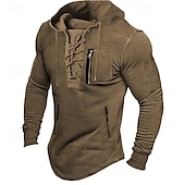preiswerte Basic-T-Shirts-Herren T Shirt T-Shirt Langarmshirt Langarm Mit Kapuze Frühling Herbst Einfach Mode Designer Basic Schnürung Urlaub Straße Ausgehen Schwarz Hellgrau Braun Top T-Shirt für Herren