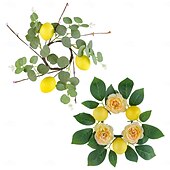 お買い得  花輪-レモンの花のキャンドルリングの装飾、緑と小枝のフェイクフラワーキャンドルリース、春夏のパーティーの装飾のためのホリデーテーブルのセンターピース