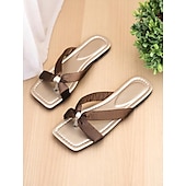 cheap Vacation Sandals-Women&#039;s Burgundy Bowknot Satin Strap Flip-Flop Sandals, Square-Toe, Soft Footbed, Casual Chic Style for Daily Wear, Backyard Party, Picnic or Date Outfits