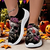 ieftine Pentru femei-Teniși sport fără mâneci pentru femei, de Halloween – pantofi sport negri, comozi, din Flyknit, cu imprimeu de buze de vampir și craniu, pentru petreceri costumate, Halloween și ținute casual de toamnă, Sarah Richter