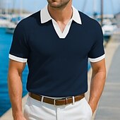 cheap Vacation-Men&#039;s Polo Shirts Golf Shirt Vacation Holiday Lapel Ribbed Polo Collar Short Sleeve Basic Modern Color Block Patchwork Buttons Summer Spring &amp; Summer Regular Fit Yellow Navy Blue Blue Green Polo