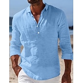 preiswerte Urlaub-Herren Hemd Leinenhemd Sommerhemd Strandbekleidung Einfach Urlaub Lässig Schwarz Weiß Blau Khaki Langarm Revers Frühling &amp; Sommer Bekleidung