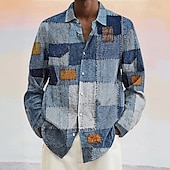 preiswerte Geometrische Muster-Herren Geometrisch Farbblock Denim-ähnlich Hemd Knopfhemd Langarm Modisch lässig Urlaub Täglich Frühling Herbst Umlegekragen 3D-Druck Leinenähnliches Hemd Blau+Khaki Blau Dunkelblau Hellblau