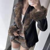 cheap Furs &amp; Leathers-Women&#039;s Casual Jacket Warm Comfortable Buttons Fur Collar Fashion Plain Holiday Going out Weekend Single Breasted Regular Turndown Regular Fit Long Sleeve Outerwear Black Fall Winter