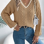 preiswerte Einfarbige Farben-Damen Pullover Lässig Farbblock Gerippt V Ausschnitt Patchwork Gestrickt Langarm Normale Oberteile Stricken Täglich Ferien Ausgehen Weiß Blau Herbst