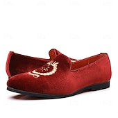 お買い得  ローファー-刺繍入りの紋章が入ったメンズ バーガンディ ベルベット ローファー - 結婚式、宴会、お祝いの席にぴったりのスリッポン パーティー ドレスシューズ