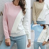 preiswerte Grafische Muster und Details-Damen Pullover Lässig Farbblock Grobstrick Rundhalsausschnitt Gestrickt Langarm Normale Oberteile Stricken Täglich Ferien Ausgehen Rosa Blau Herbst Winter