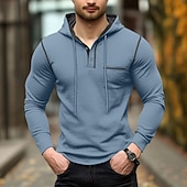 economico magliette di base-Per uomo Maglietta Felpa con cappuccio Henley Manica Lunga Con Cappuccio Henley Primavera &amp; Autunno Tinta unica Maglieria Quotidiano All&#039;aperto Tasca All&#039;aperto Casual Casuale Grigio scuro blu navy