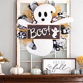 halpa Halloween-kranssit ja kukkakoristeet-Halloween-seppeleet etuoven sisä- ja ulkokoristeluun, puinen kummituskylttiverkkoseppele aavemaisella nukella ikkuna- ja seinäkoristeeseen